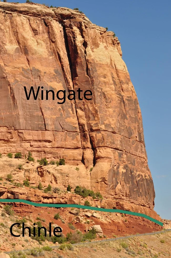 NPS annotated photograph of Wingate Sandstone cliffs above the Chinle layer in Fruita Canyon, near Colorado National Monument’s west entrance